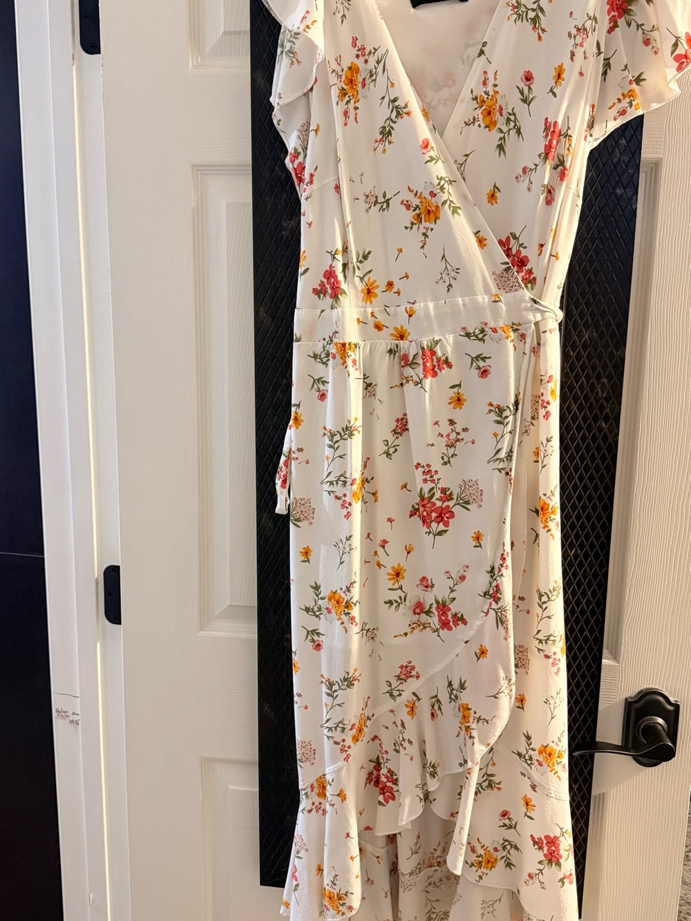 Floral Cream High-Low Wrap Dress with Ruffle Detail